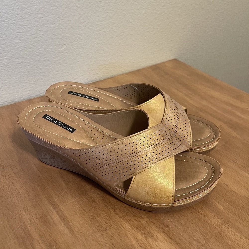 NEW Good Choice Hayden Comfort Wedge Sandals Tan Bronze‎ Cushioned Light Size  9